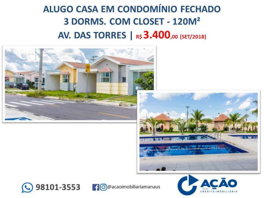 Casa de Condomínio com 3 Quartos para Alugar, 120 m² por R$ 3.400/Mês Avenida Francisco Queiroz - Colônia Santo Antônio, Manaus - AM