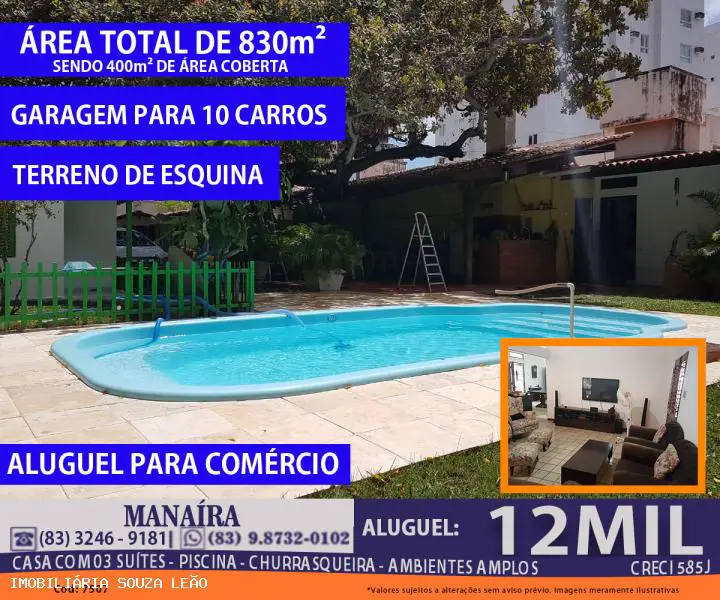 Casa com 3 Quartos para Alugar, 400 m² por R$ 12.000/Mês Manaíra, João Pessoa - PB