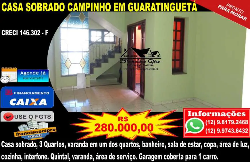Sobrado com 3 Quartos à Venda, 124 m² por R$ 280.000 Campinho, Guaratinguetá - SP
