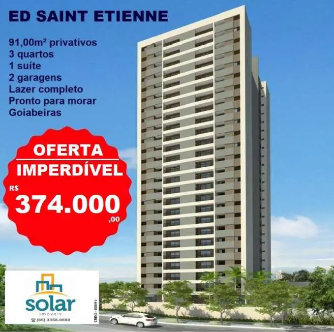 Apartamento com 3 Quartos à Venda, 91 m² por R$ 374.000 Avenida Senador Metelo, 1 - Goiabeiras, Cuiabá - MT