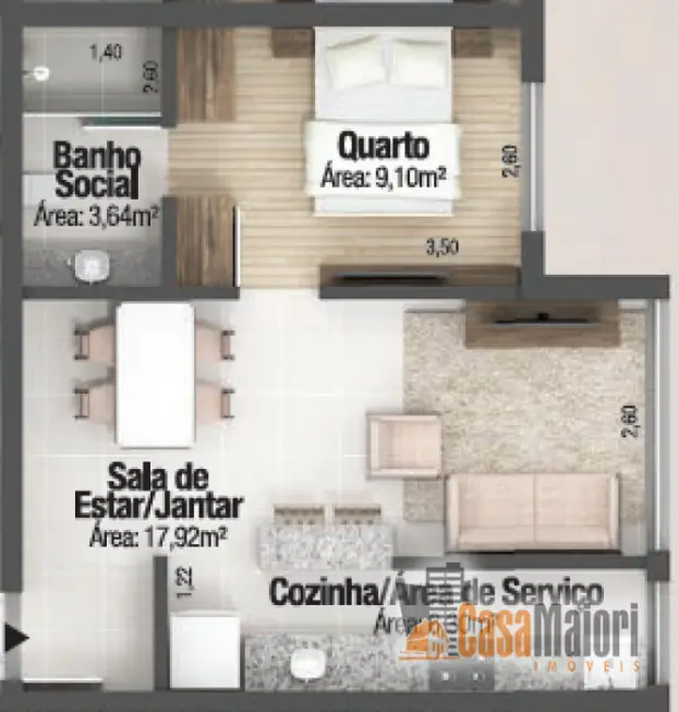 Apartamento com 1 Quarto à Venda, 44 m² por R$ 240.647 Rua General Góes Monteiro, 620 - São Francisco, Bento Gonçalves - RS