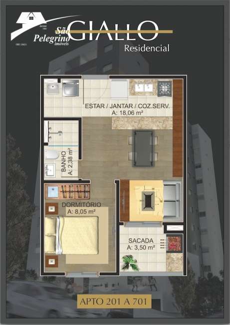 Apartamento com 1 Quarto à Venda, 37 m² por R$ 135.000 Panazzolo, Caxias do Sul - RS