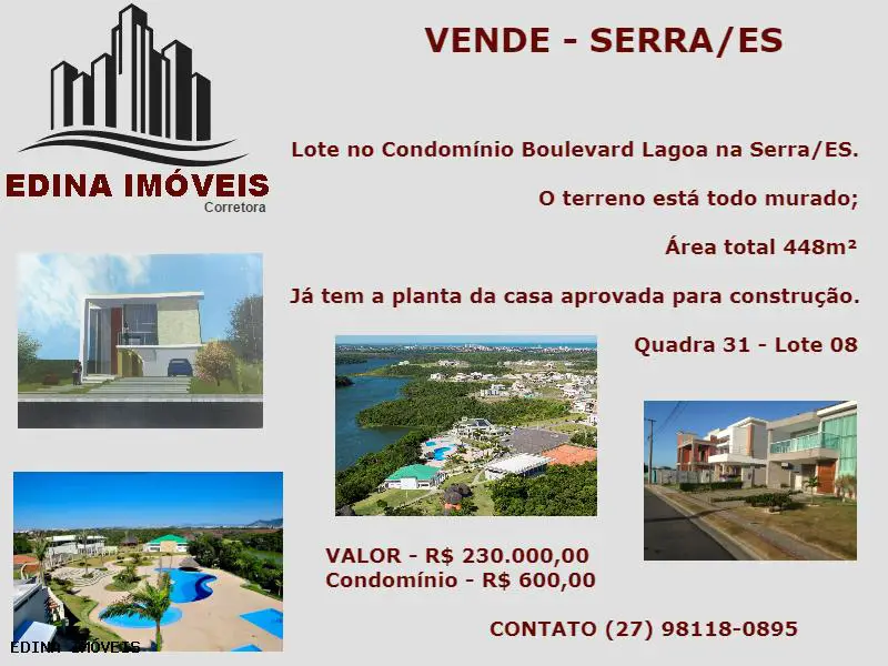Lote/Terreno à Venda por R$ 230.000 Avenida Talma Rodrigues Ribeiro, 103 - Portal de Jacaraipe, Serra - ES