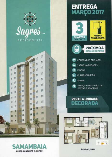 Apartamento com 3 Quartos à Venda, 63 m² por R$ 248.000 QR 106 Conjunto 15, 01 - Samambaia Sul, Samambaia - DF