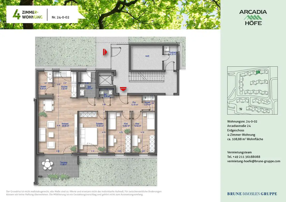 24-0-02 -- Preisgedämpfte Gartenwohnung im Neubau! 4-Zimmer Wohnung mit Fußbodenheizung in den Arcadia Höfen.
