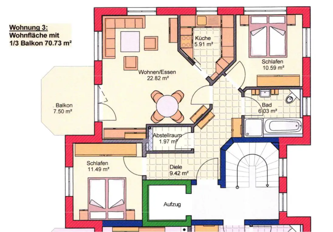 Plan -- 70 m2 3 Zimmer Neubauwohnung “Um die Dräxlmaier Villa” nach KfW55