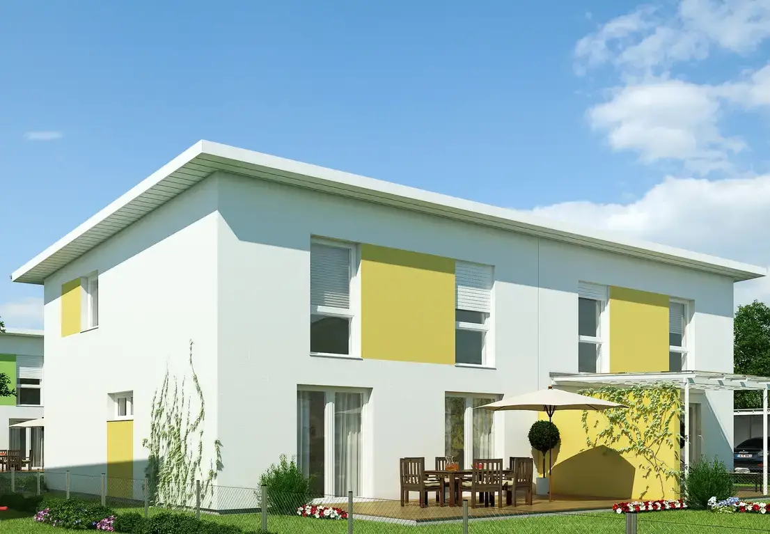 Haus-Idee mit Walmdach -- Wohnen Sie in idyllischer Lage! Unterkellerte Doppelhaushälfte mit unverbaubarem Blick! KfW 55!