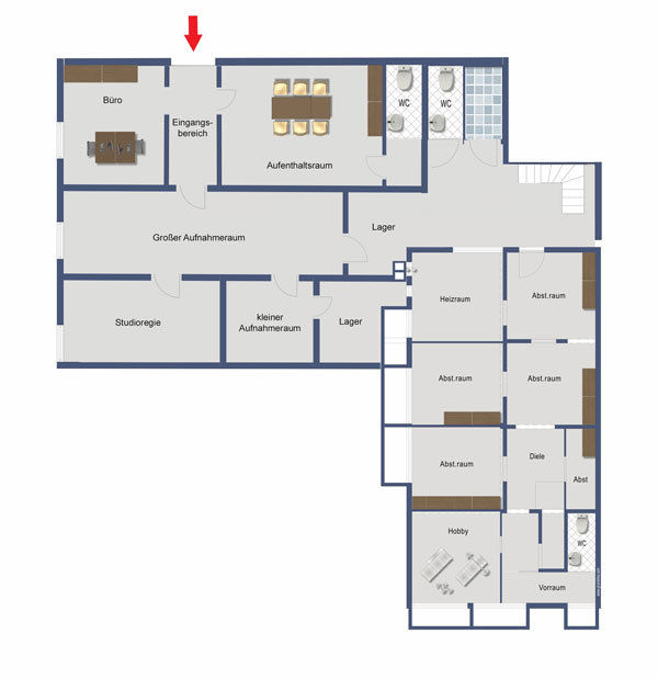Untergeschoss -- Wohnen und Arbeiten: Große Gewerbehalle, Werkstatt und 4-Zimmer-Wohnung