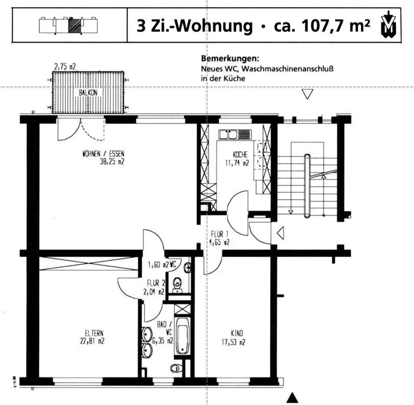 Grundriss -- Gepflegte 3-Zimmer-Wohnung mit Balkon und EBK in Karlsruhe
