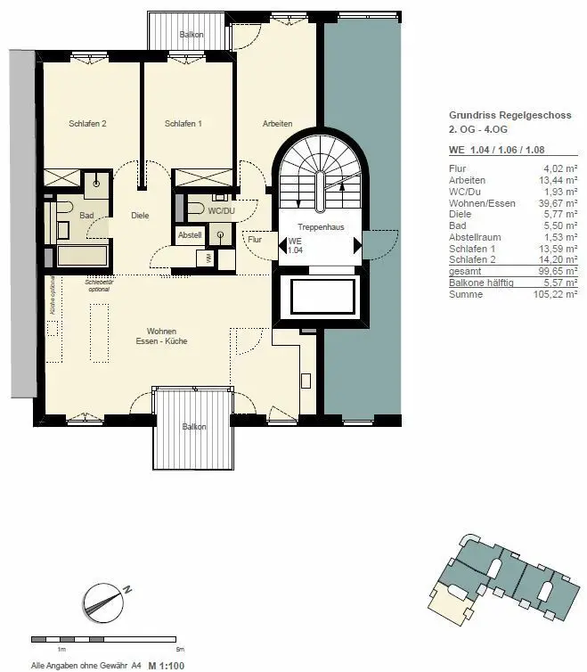 Grundriss 105m² -- Sofortbezug / Neubau / Erstbezug / Lift / Balkon / Sauna / Bad / Gäste WC