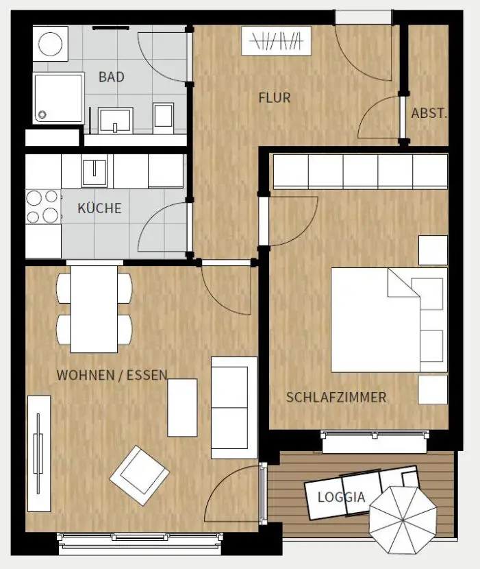 Grundriss -- Durchblick: 2-Zimmer-Wohnung mit EBK