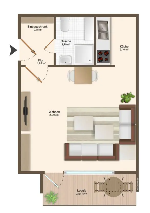 1 Zimmer Apartment Grundriss
