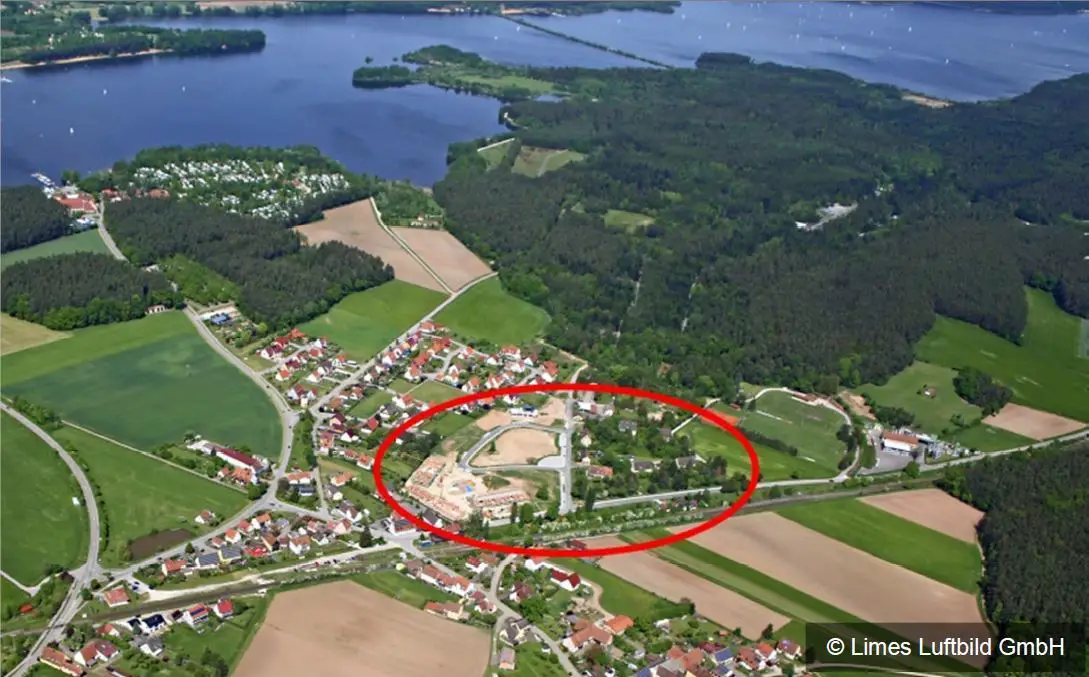 Luftbild -- Bau-Grundstück am kleinen Brombach See mit Eingabe-fertiger Planung
