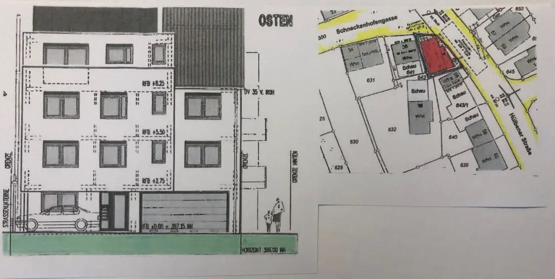 Planung und Lageplan -- Baugrundstück mit Baugenehmigung für 3-Familienhaus und Garagen von PRIVAT zu verkaufen