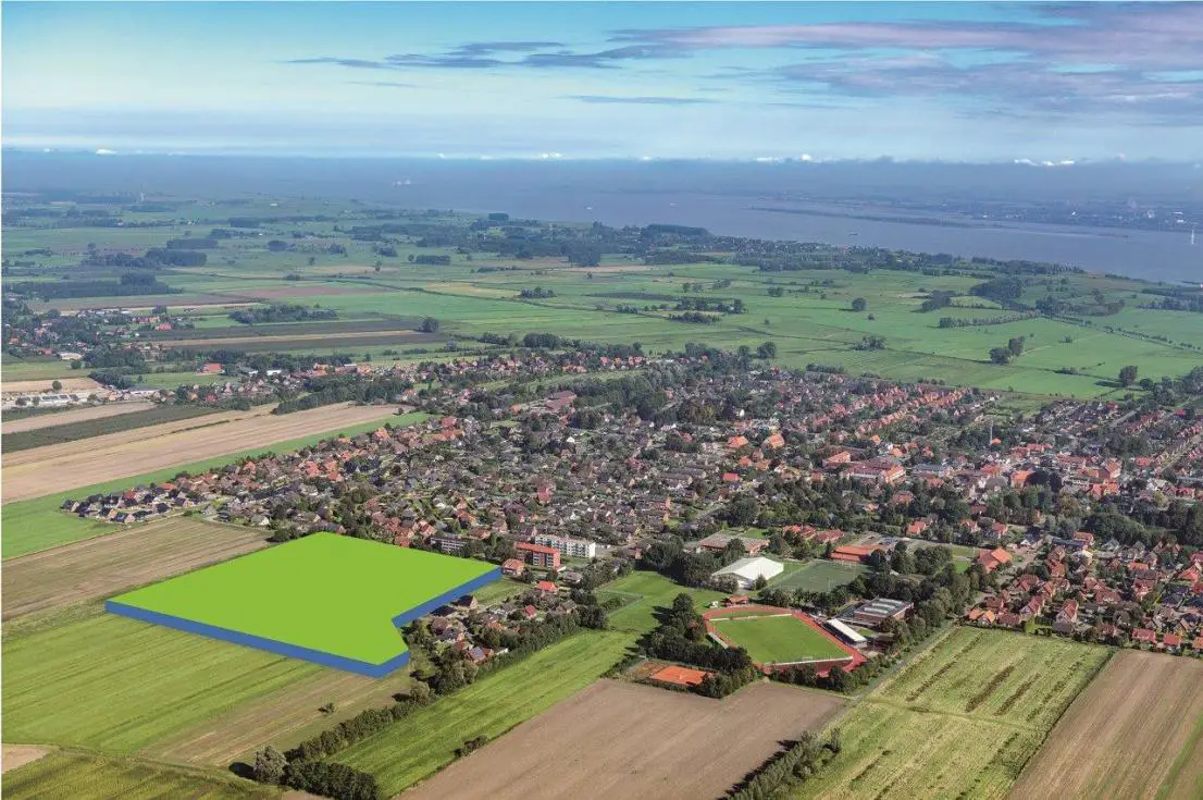 Luftaufnahme Baugebiet -- Drochtersen an der Elbe: Neubaugebiet mit 51 Grundstücken für verschiedene Haustypen zu verkaufen!