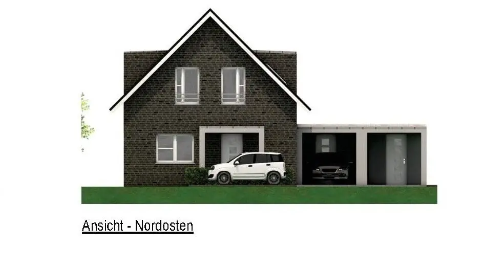 Ansicht Nordosten gespiegelt -- Erstbezug mit Einbauküche, Carport und Terrasse: freundliche 3-Zimmer-Wohnung (EG) in Holdorf