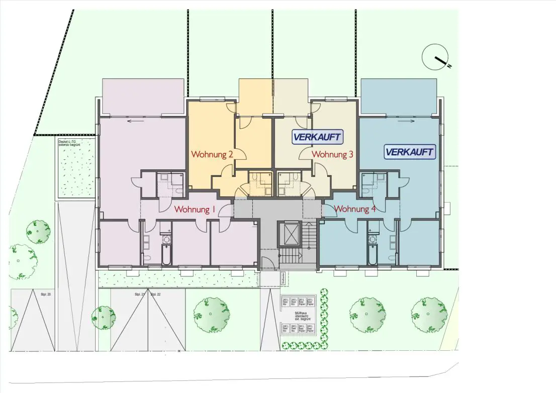 Grundriss EG, Whg. 1-4 -- 2,5-Zimmer-Gartenwohnung mit Terrasse + 100 m² Gartenanteil|Barrierefrei