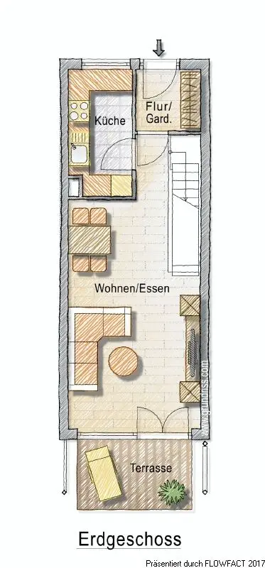 Grundriss Erdgeschoss -- 3-Zimmer-Maisonette-Wohnung mit Südterrasse und Tiefgaragen-Stellplatz!