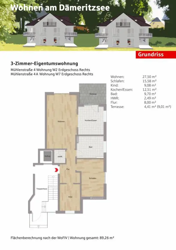 Grundriss W2 und W7 Rechts -- NEUBAU: 3-Zimmer-Eigentumswohnung W2 oder W7 EG Rechts
