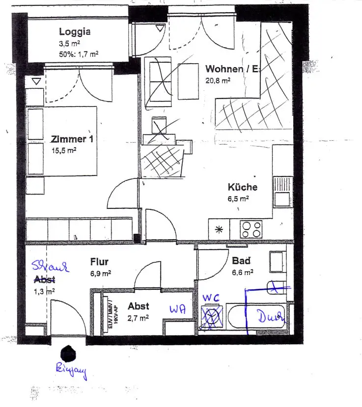 Grundriss -- Ein Traum, in sehr guter Lage. 2 -Zimmer 62m²,1. OG. Loggia, Fahrstuhl, TG
