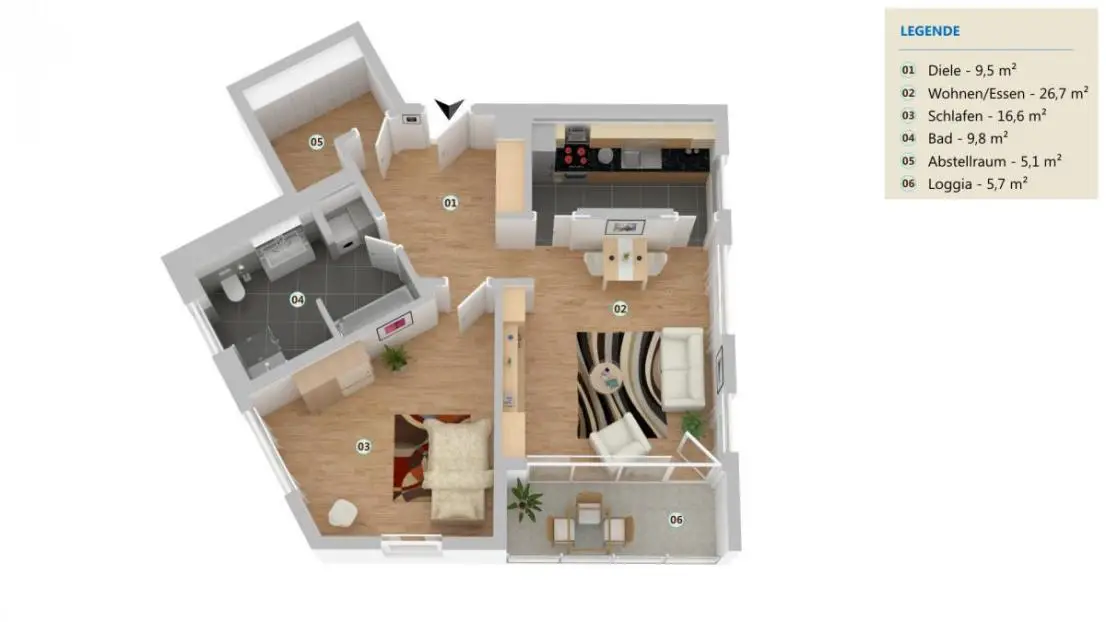 3D Grundriss _2-Zimmer-Wohnun -- Neubau 2021: Single-Traum mit schneller Anbindung in die Innenstadt