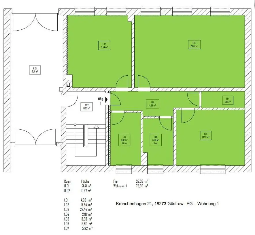 Grundriss -- Schicke 3-Raumwohnung in Güstrow mit Design-Bodenbelag, Duschbad, Einbauküche und Stellplatz möglich
