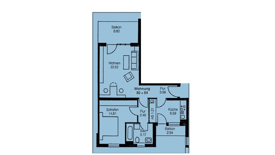 Grundriss -- 2-Zimmer-Wohnung mit Balkon und Einbauküche