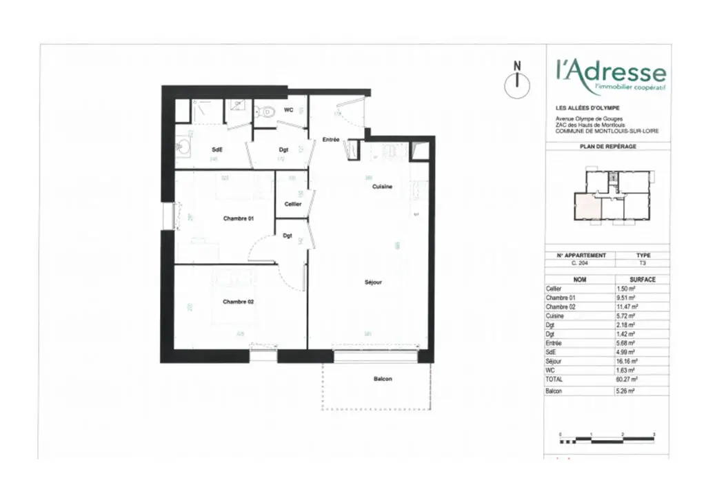 Vente appartement 3 pièces 60,27 m2