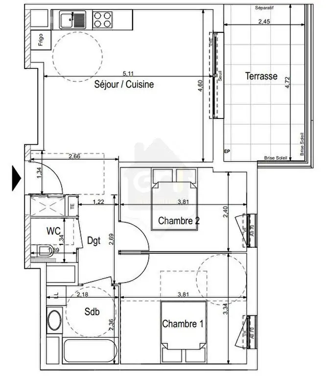 Vente appartement 3 pièces 59 m2