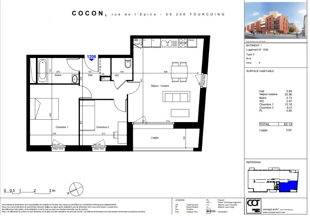 Vente appartement 3 pièces 62,12 m2