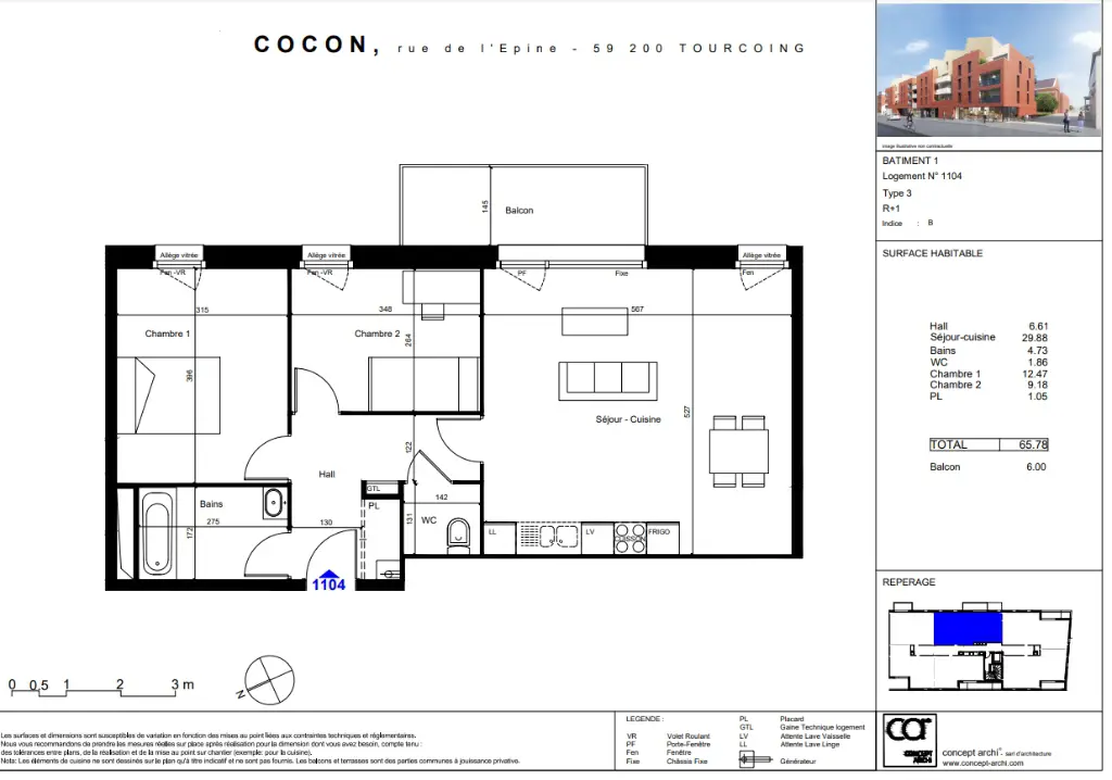 Vente appartement 3 pièces 65,78 m2