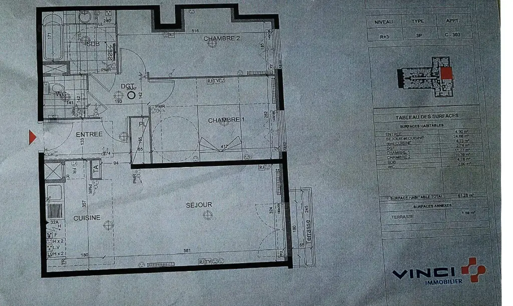 Location appartement 3 pièces 61,25 m2