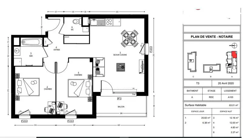 Vente appartement 3 pièces 63 m2