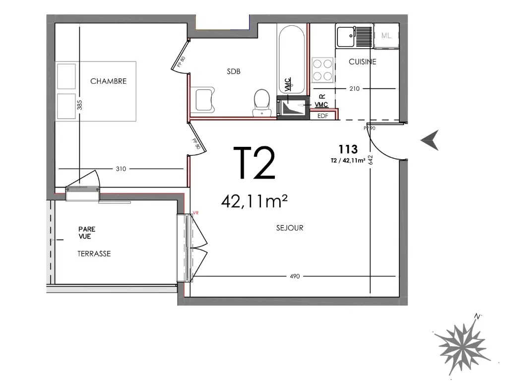 Vente appartement 2 pièces 42,11 m2