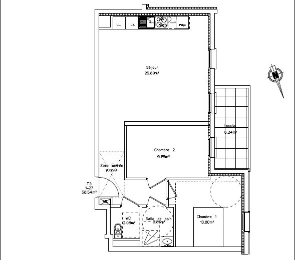 Location appartement 3 pièces 58,54 m2