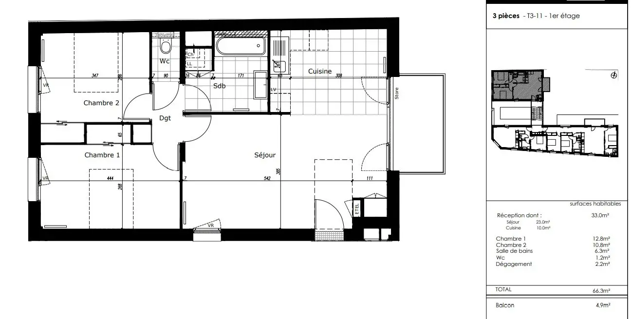 Vente appartement 3 pièces 66,3 m2