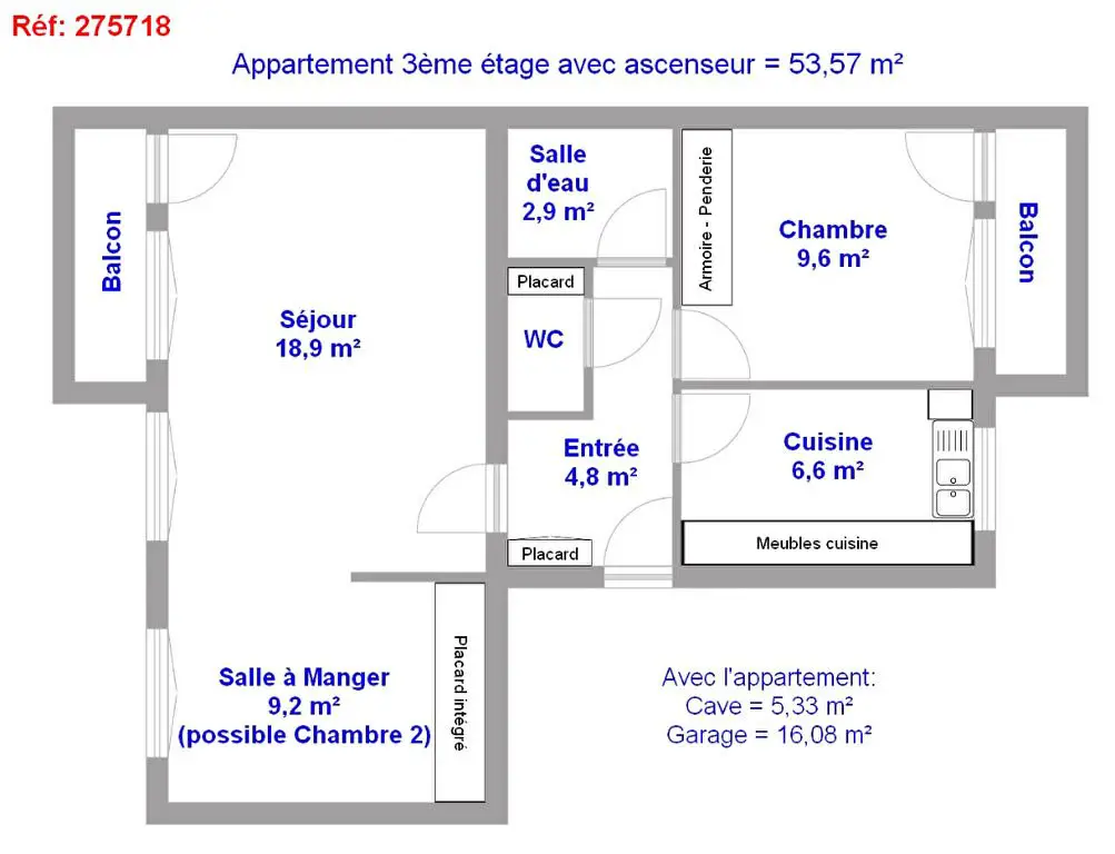 Vente appartement 2 pièces 53,57 m2