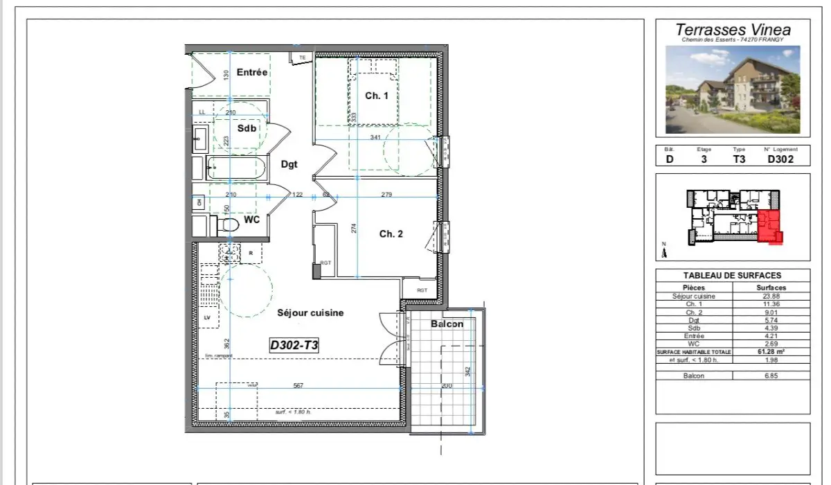 Vente appartement 3 pièces 61,28 m2