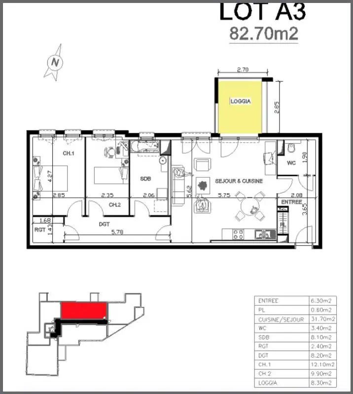 Vente appartement 3 pièces 83 m2