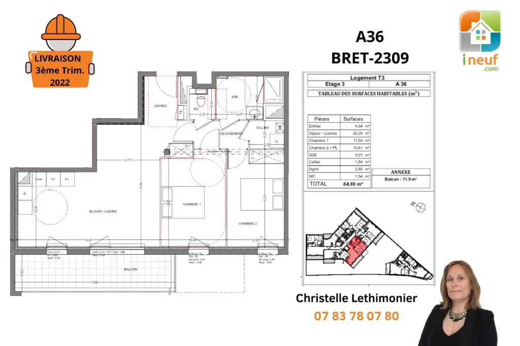 Vente appartement 3 pièces 64,69 m2