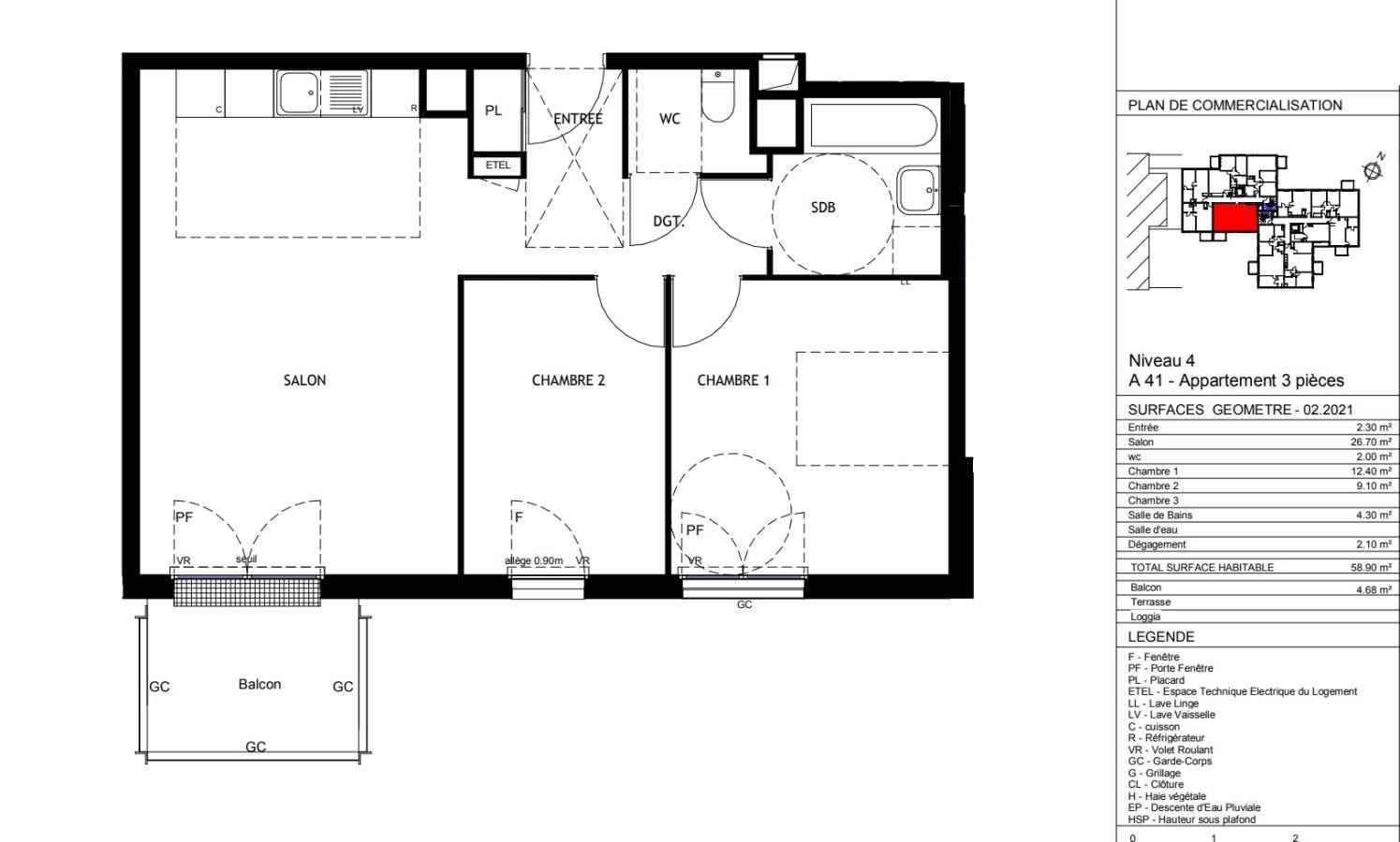 Location appartement 3 pièces 59 m2