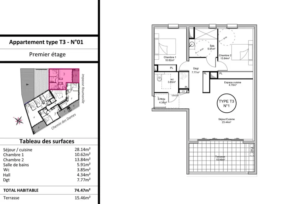 Vente appartement 3 pièces 74,47 m2