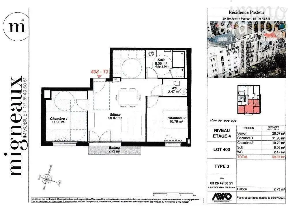 Vente appartement 3 pièces 59,37 m2