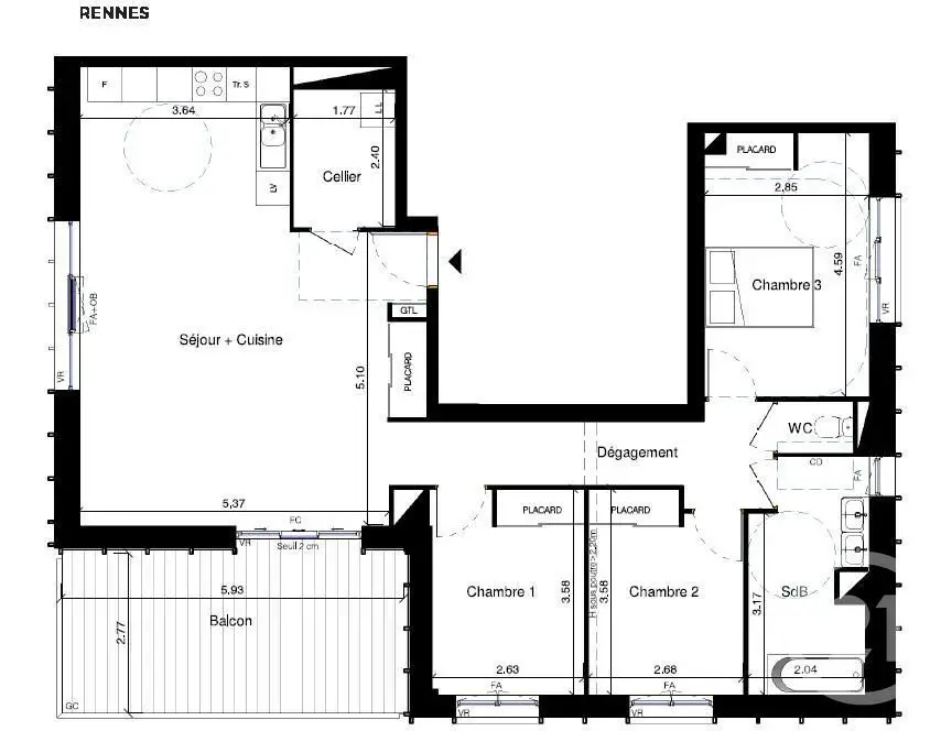 Vente appartement 4 pièces 92,62 m2