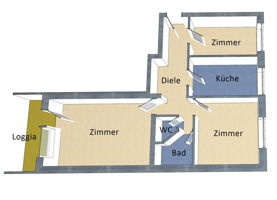 Grundriss -- IMMOBERLIN: Erfreuliche Wohnung mit Westloggia in ruhiger Lage