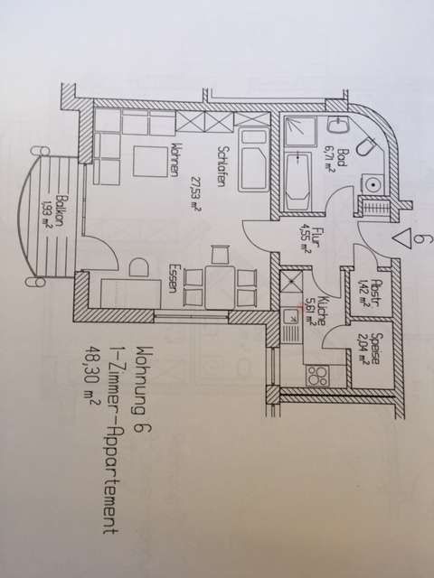 Grundriss -- Attraktive 1-Raum-Wohnung mit EBK und Balkon in Coburg