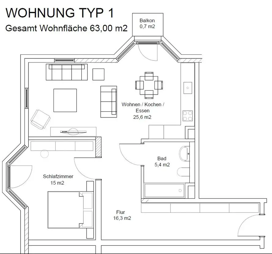 Floorplan -- *Erstbezug* möblierte 2 Zi-Wohnung mit Balkon in Tempelhof-Schöneberg