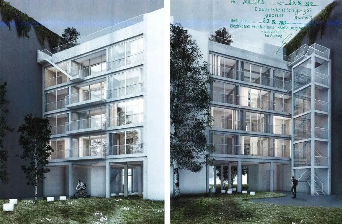 Visualisierung -- Bauhaus-Style - MFH m. 4 Wohnungen, Süd-Balkonen & Aufdach-Terrasse - Lift in die Einheiten