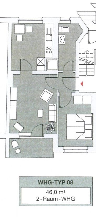 Grundriss -- 2-Raumwohnung + Duschbad mit Fenster