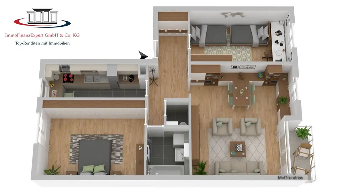Grundriss 3D-Ansicht mit Logo -- 3 - Zimmer Wohnung mit Balkon